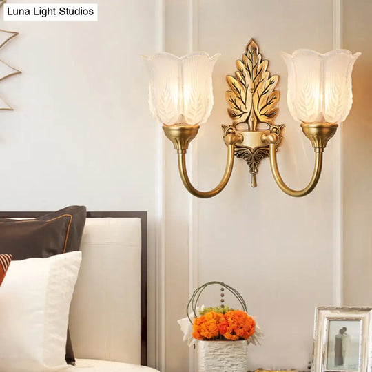 Antique Style Golden Leaf Wall Sconce With Frosted Glass Shade - Ideal For Bedroom Lighting