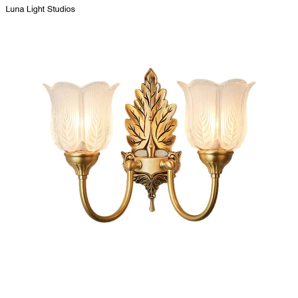 Antique Style Golden Leaf Wall Sconce With Frosted Glass Shade - Ideal For Bedroom Lighting