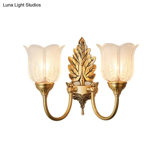 Antique Style Golden Leaf Wall Sconce With Frosted Glass Shade - Ideal For Bedroom Lighting