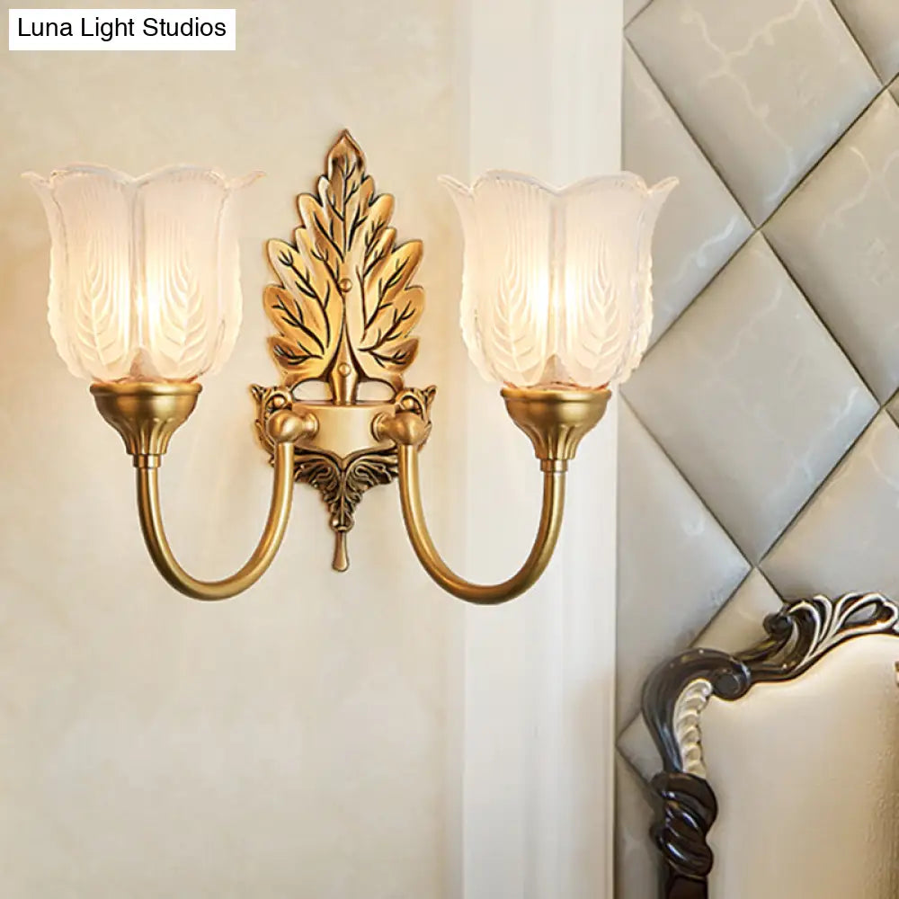 Antique Style Golden Leaf Wall Sconce With Frosted Glass Shade - Ideal For Bedroom Lighting