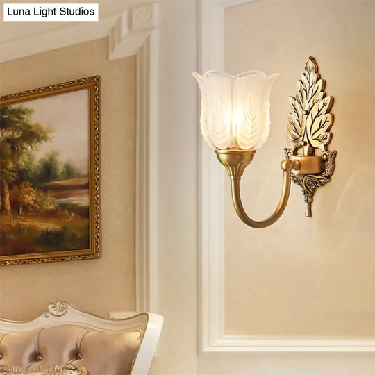 Antique Style Golden Leaf Wall Sconce With Frosted Glass Shade - Ideal For Bedroom Lighting