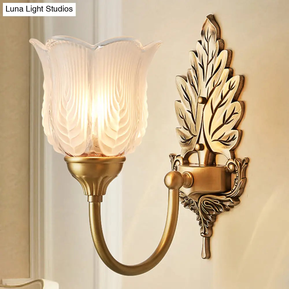 Antique Style Golden Leaf Wall Sconce With Frosted Glass Shade - Ideal For Bedroom Lighting