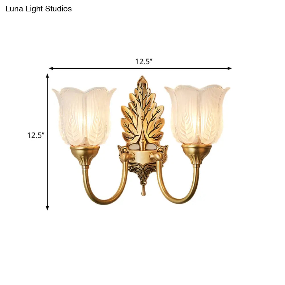 Antique Style Golden Leaf Wall Sconce With Frosted Glass Shade - Ideal For Bedroom Lighting