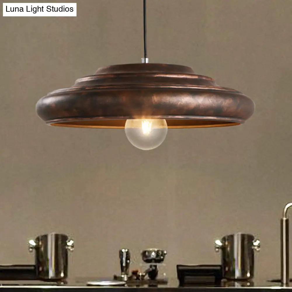 Antique Style Hanging Lamp With Metallic Round Shade - Rustic Suspended Light For Dining Table