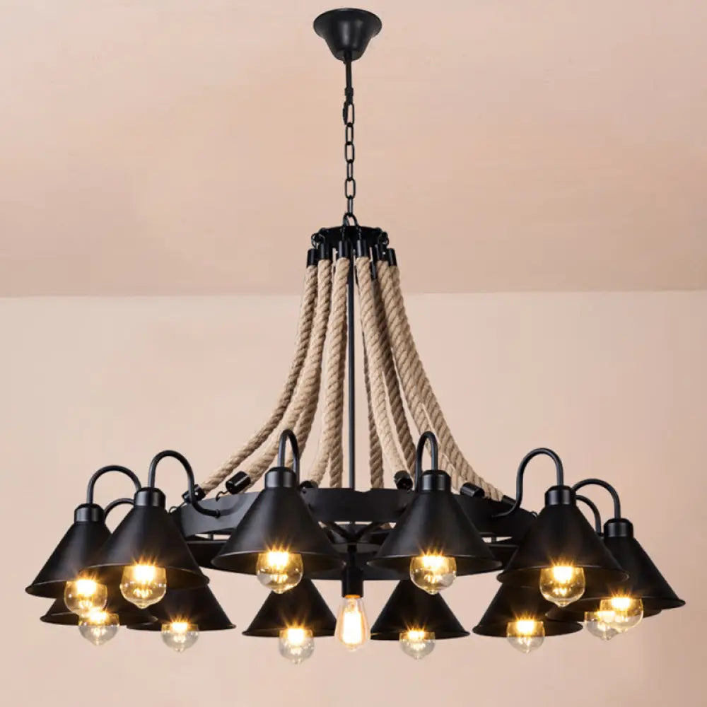 Antique Style Iron Chandelier With Black Conical Shade And Hemp Rope Pendant Lighting For