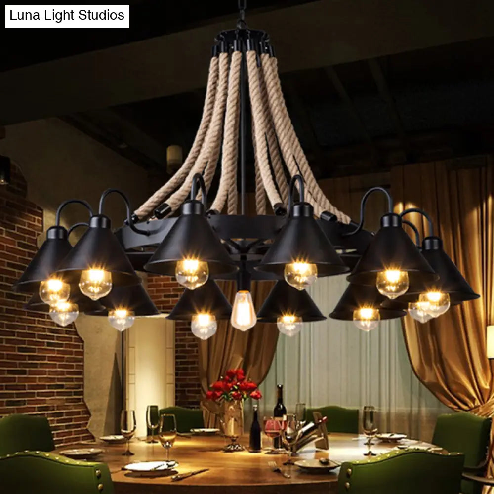 Antique Style Iron Restaurant Pendant Light Fixture - Black Conical Shade Chandelier With Hemp Rope