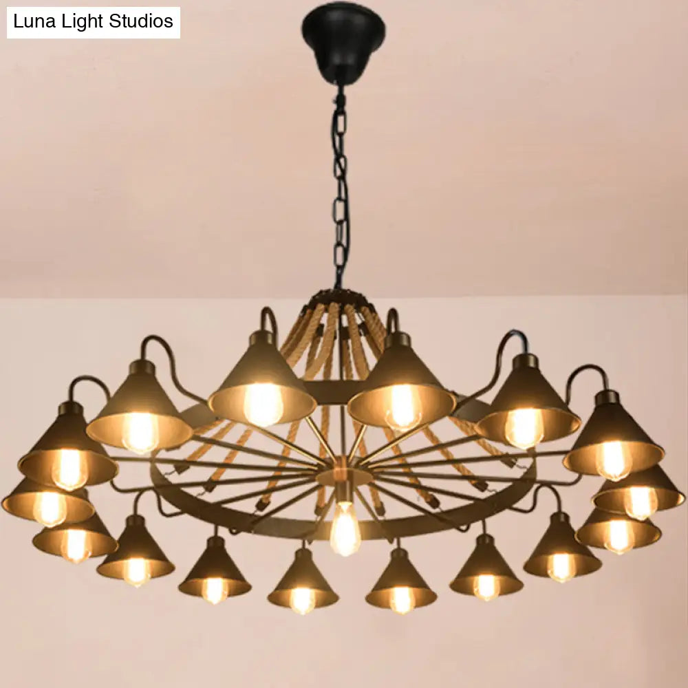 Antique Style Iron Restaurant Pendant Light Fixture - Black Conical Shade Chandelier With Hemp Rope