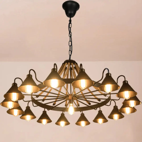 Antique Style Iron Chandelier With Black Conical Shade And Hemp Rope Pendant Lighting For