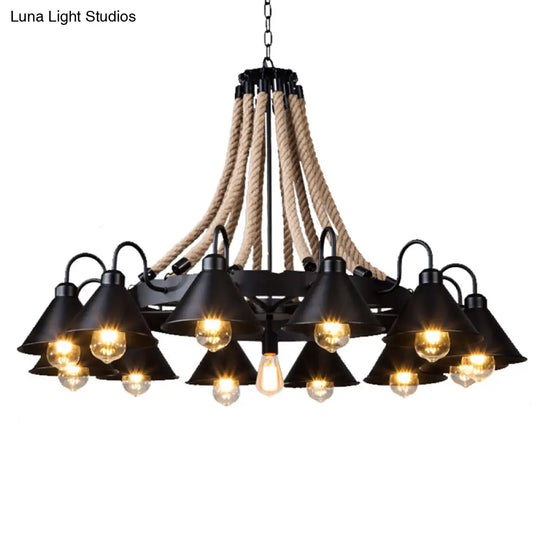 Antique Style Iron Chandelier With Black Conical Shade And Hemp Rope Pendant Lighting For
