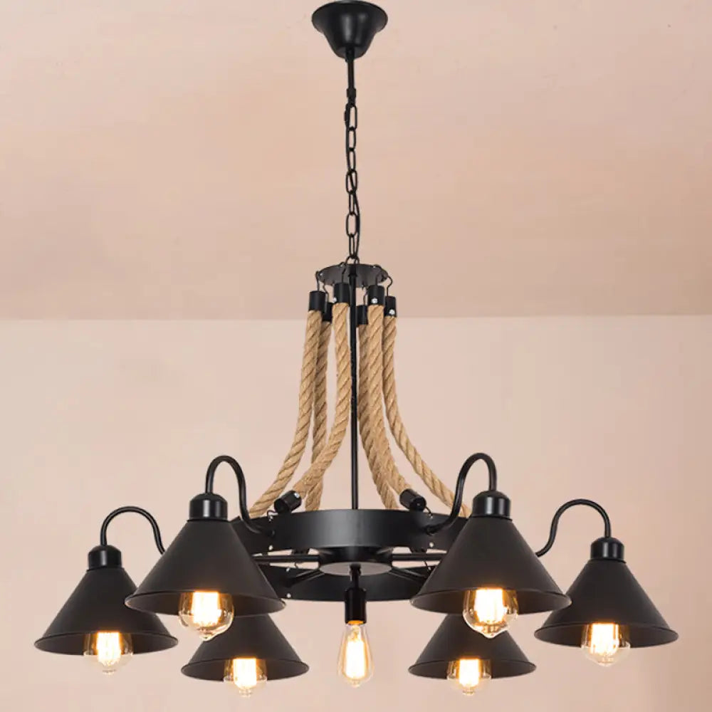 Antique Style Iron Chandelier With Black Conical Shade And Hemp Rope Pendant Lighting For