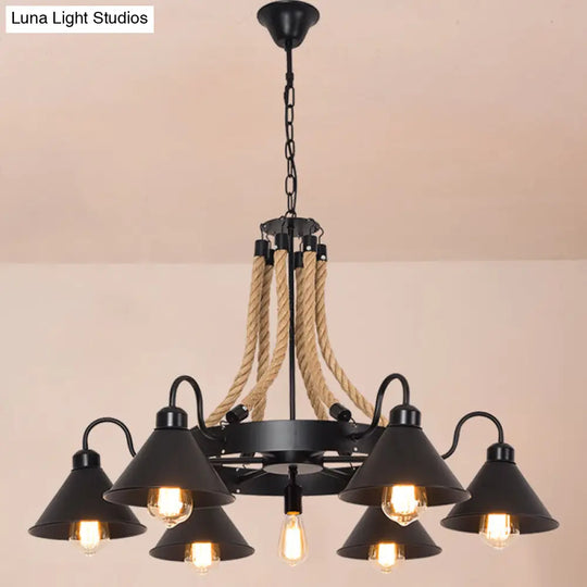 Antique Style Iron Restaurant Pendant Light Fixture - Black Conical Shade Chandelier With Hemp Rope