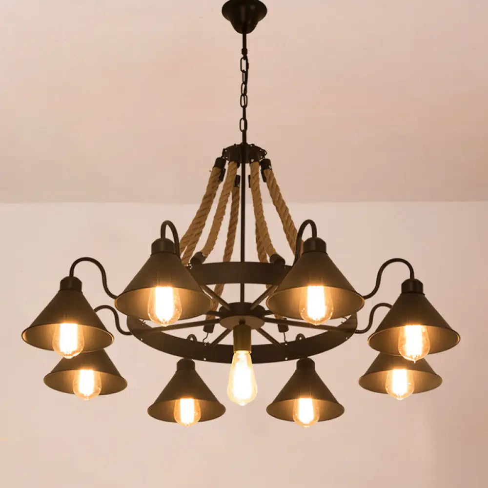 Antique Style Iron Chandelier With Black Conical Shade And Hemp Rope Pendant Lighting For