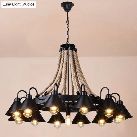 Antique Style Iron Restaurant Pendant Light Fixture - Black Conical Shade Chandelier With Hemp Rope