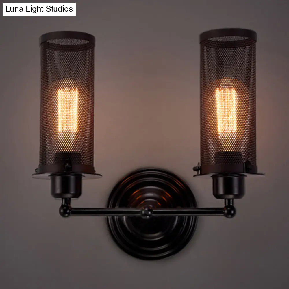 Antique Style Iron Wall Sconce With Mesh Shade - Farmhouse Mounted Lamp In Black