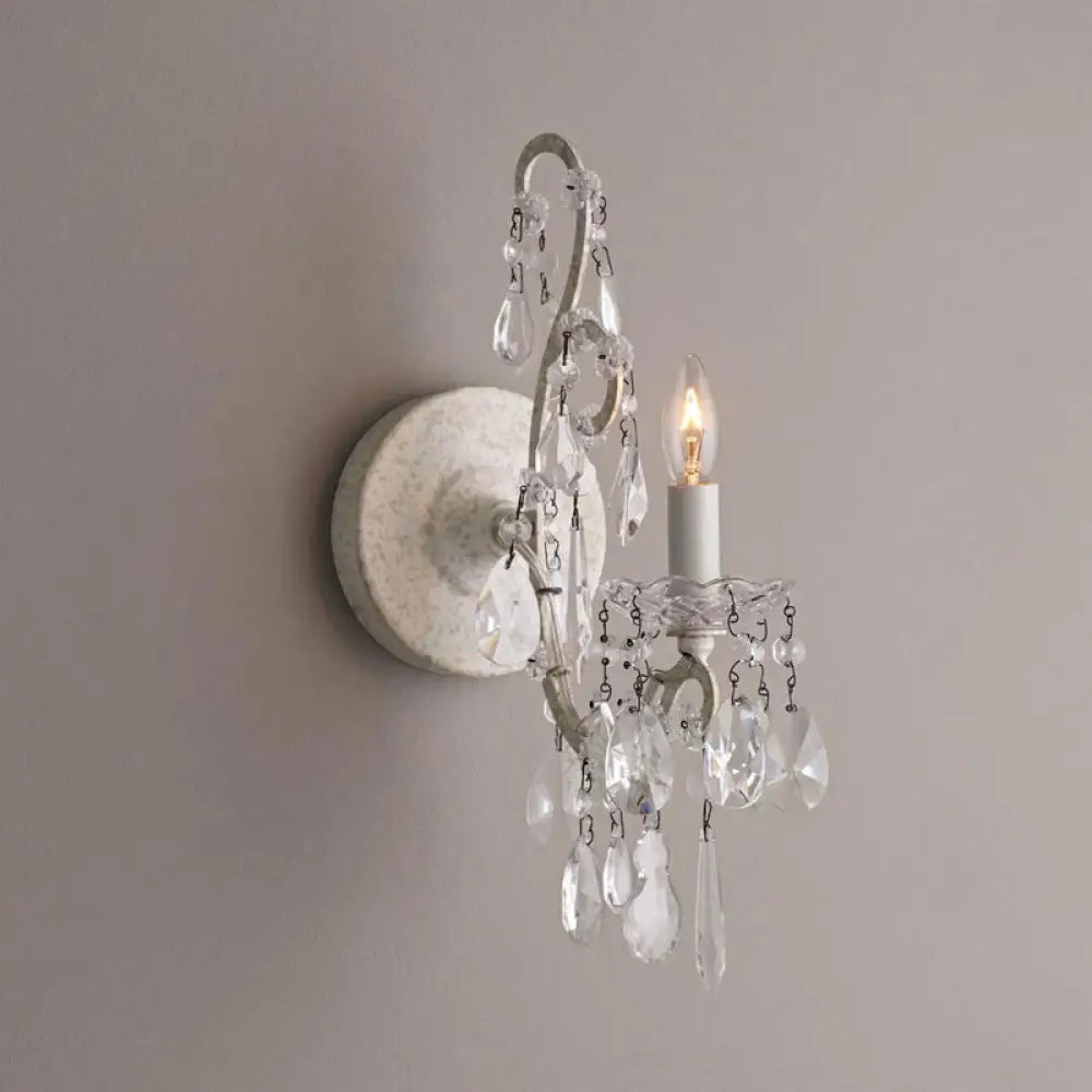 Antique Style Metal Candle Wall Sconce With Crystal And White 1-Light - Perfect For Dining Rooms