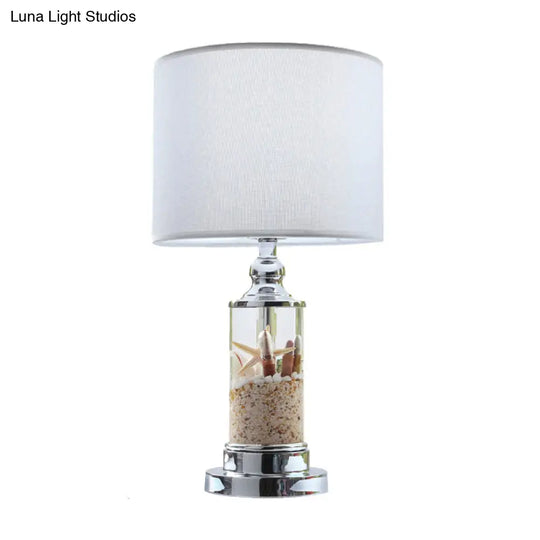 Antique Style Metal Night Lamp - 1-Light White Cylindrical Base With Drum Fabric Shade Bedroom Table