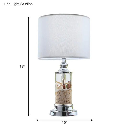 Antique Style Metal Night Lamp - 1-Light White Cylindrical Base With Drum Fabric Shade Bedroom Table