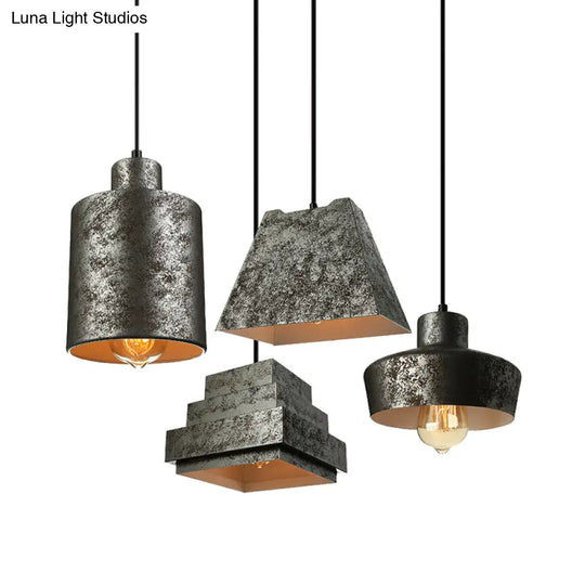 Antique Style Metal Pendant Light Set (Square/Trapezoid) - Adjustable Cord Aged Black Ideal For