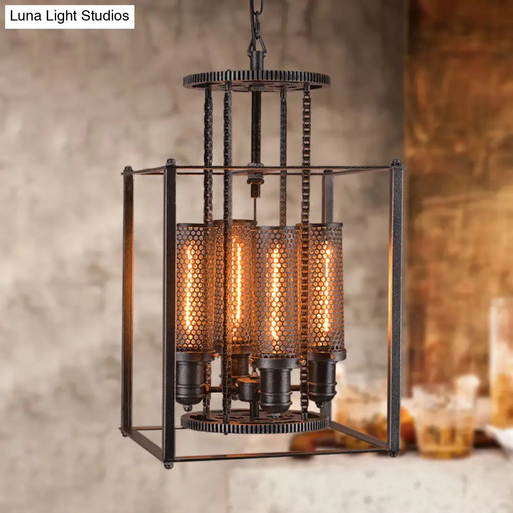 Antique Style Metal Pendant Light With Cylindrical Shade - 4 Lights Indoor Chandelier Lamp (Black)