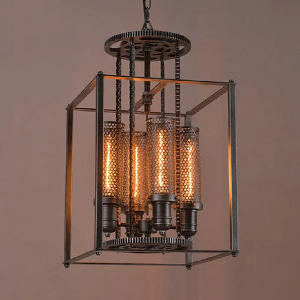 Antique Style Metal Pendant Light With Cylindrical Shade - 4 Lights Indoor Chandelier Lamp (Black)