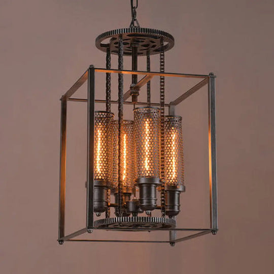 Antique Style Metal Pendant Light With Cylindrical Shade - 4 Lights Indoor Chandelier Lamp (Black)