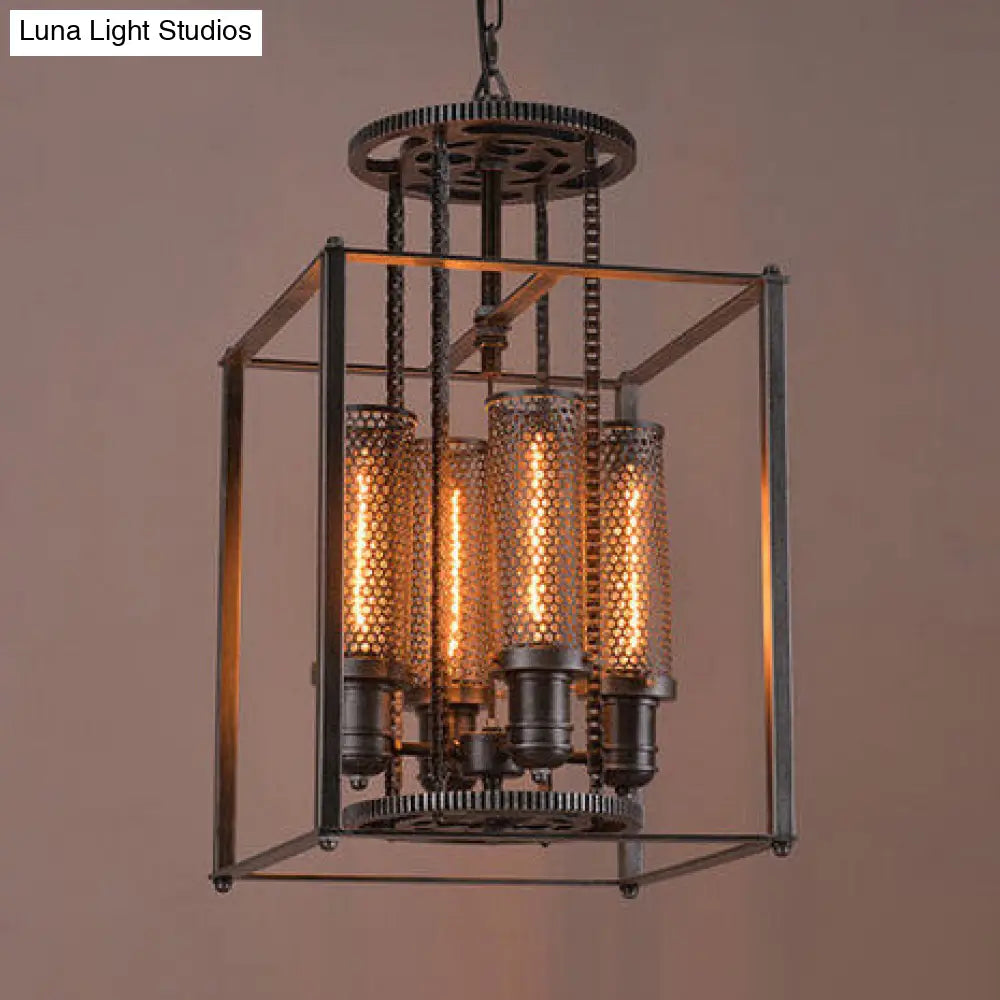 Black Metal Pendant Light With Inner Cylindrical Shade - Antique Style 4 Lights Indoor Chandelier