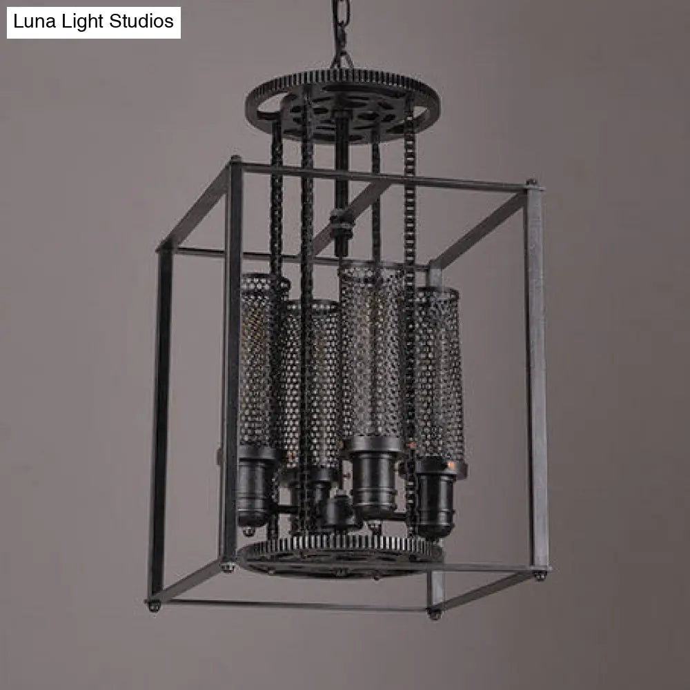 Black Metal Pendant Light With Inner Cylindrical Shade - Antique Style 4 Lights Indoor Chandelier