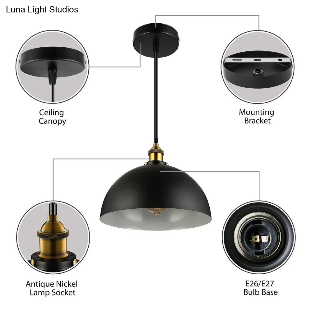 Metallic Domed Pendant Ceiling Light - Antique Style With Black/White Finish Perfect For Restaurants