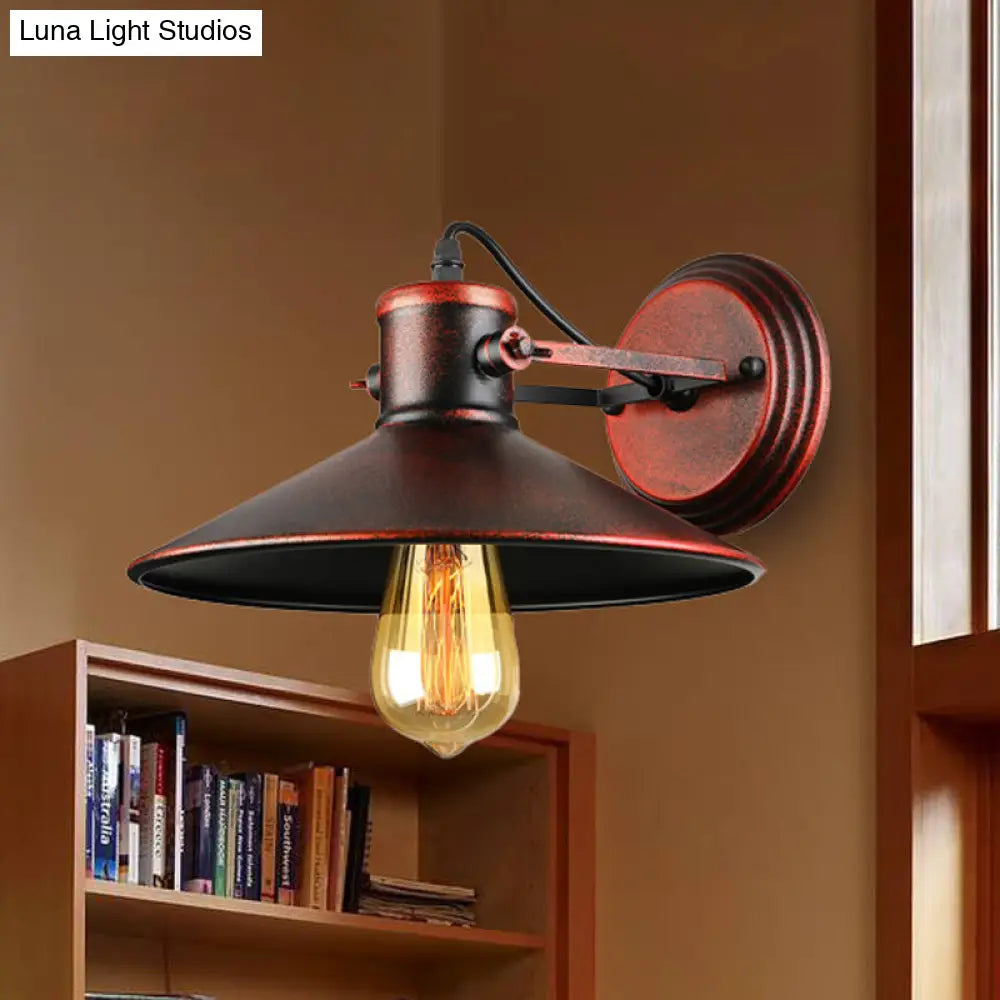 Antique Style Metallic Saucer Sconce Wall Lighting 1 Bulb Corridor Lamp In Black/Rust