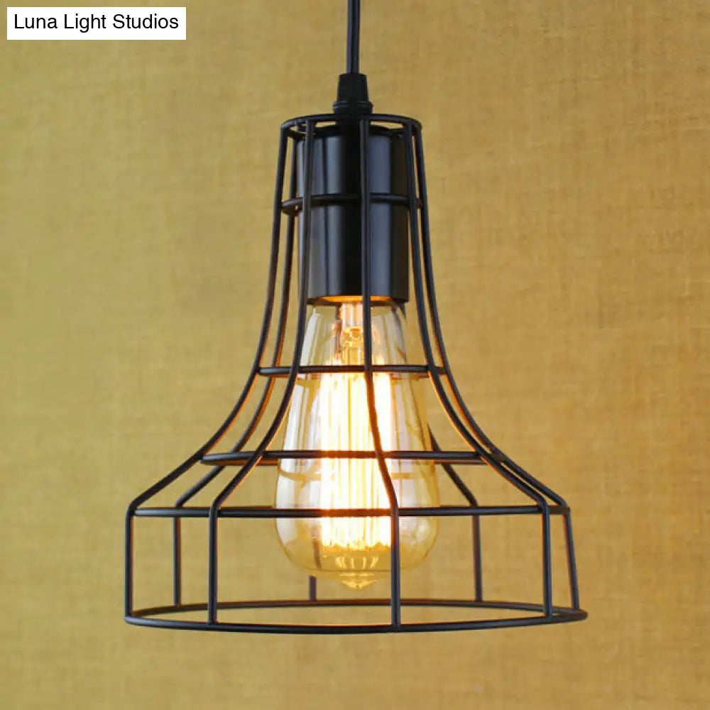 Antique-Style Open Cage Pendant Lamp In Black For Hallway