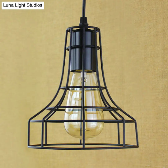 Antique Style Open Cage Pendant Lamp - Black Metal Hanging Light Fixture For Hallway