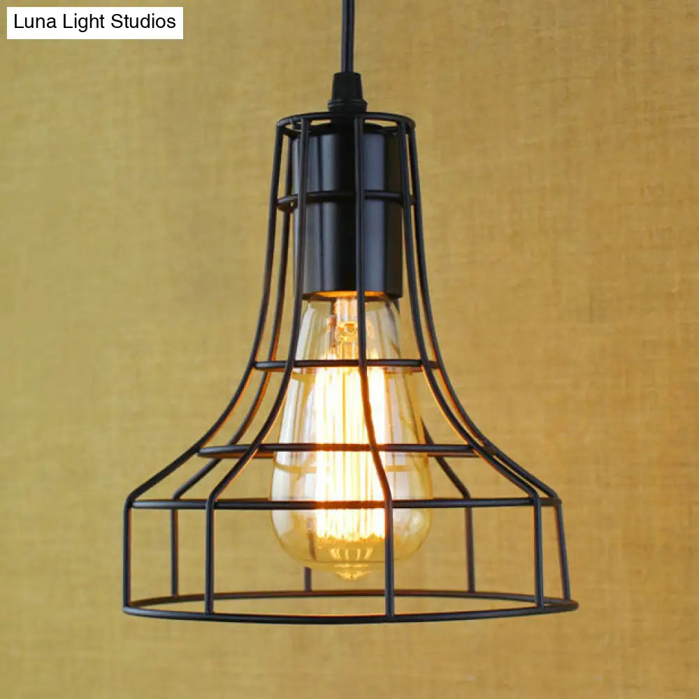 Antique Style Open Cage Pendant Lamp - Black Metal Hanging Light Fixture For Hallway