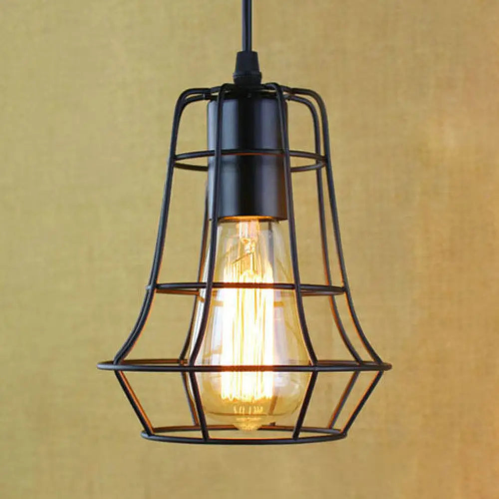 Antique-Style Open Cage Pendant Lamp In Black For Hallway / B