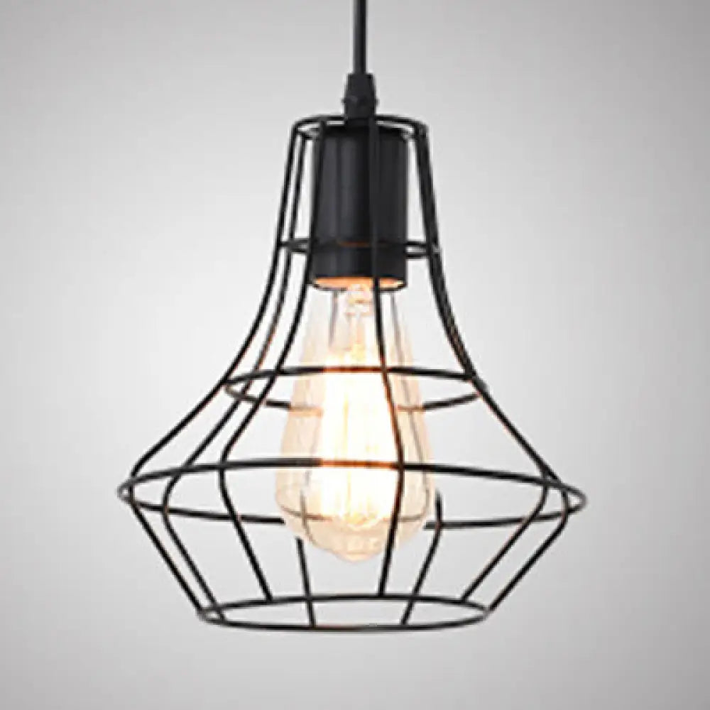 Antique-Style Open Cage Pendant Lamp In Black For Hallway / C