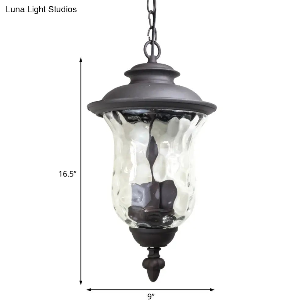 Antique Style Outdoor Pendant Light - 3-Light Dimpled Glass Shade Metal Hanging Lamp In Dark Gray