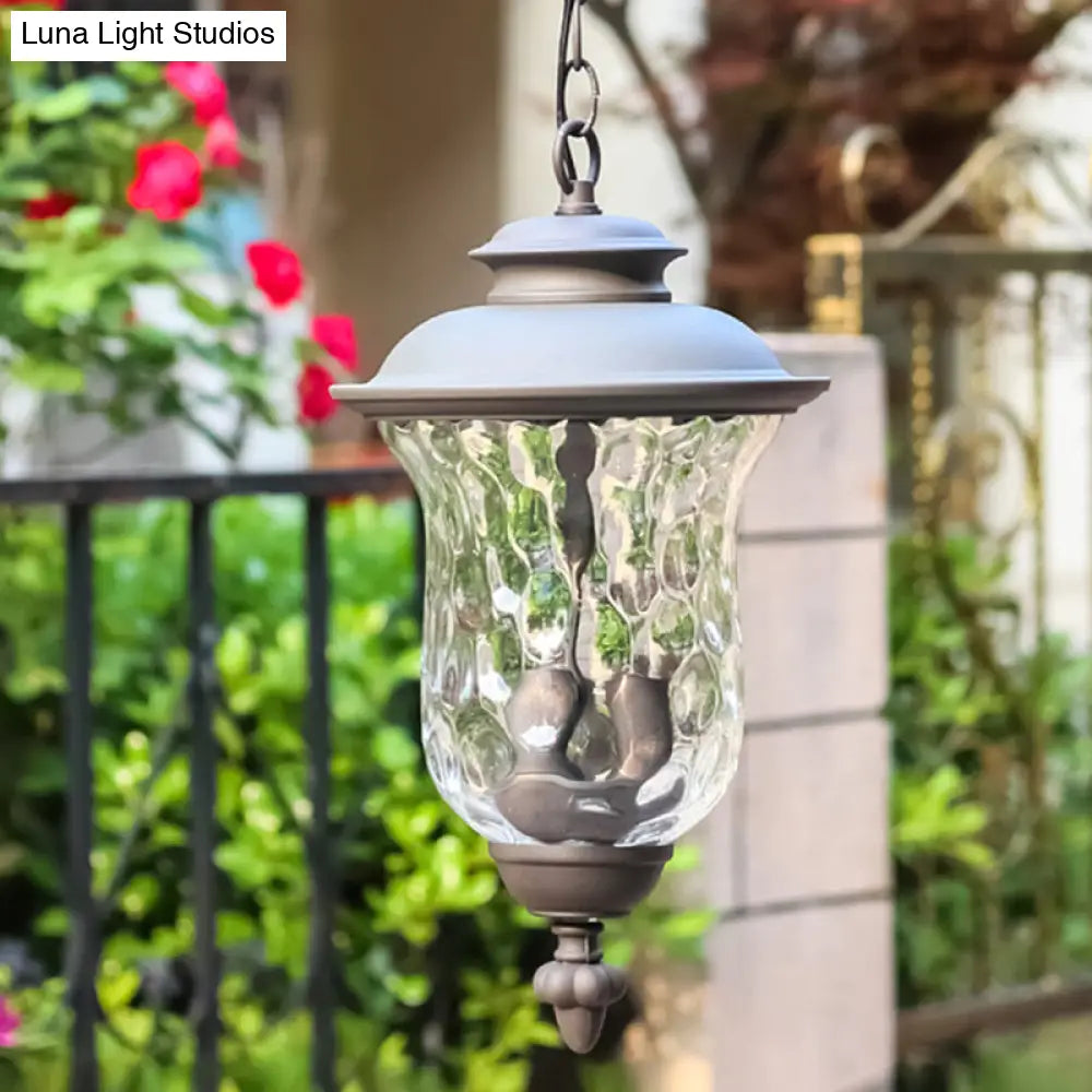 Antique Style 3-Light Pendant With Dimpled Glass Shade - Dark Gray Metal Outdoor Hanging Lamp