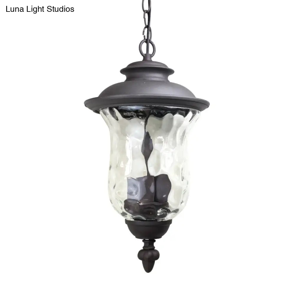 Antique Style 3-Light Pendant With Dimpled Glass Shade - Dark Gray Metal Outdoor Hanging Lamp