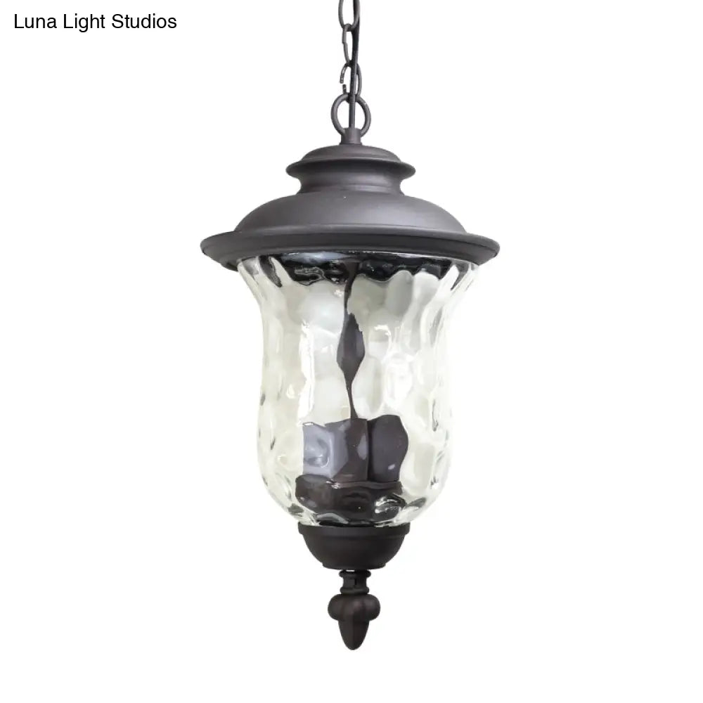 Antique Style Outdoor Pendant Light - 3-Light Dimpled Glass Shade Metal Hanging Lamp In Dark Gray