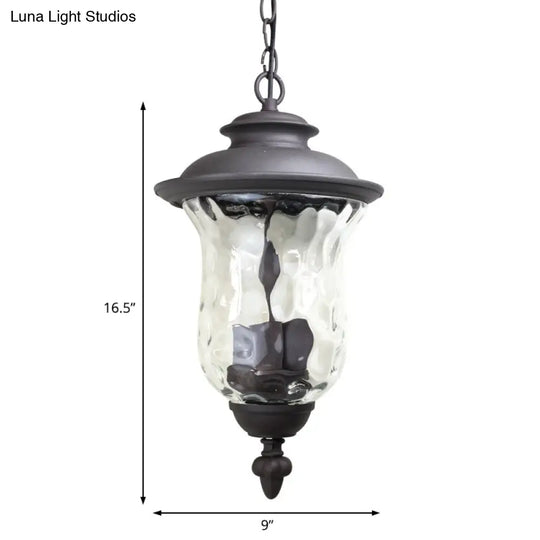 Antique Style 3-Light Pendant With Dimpled Glass Shade - Dark Gray Metal Outdoor Hanging Lamp