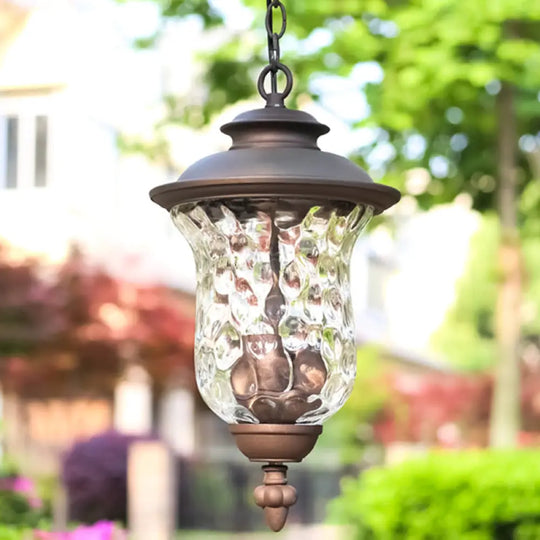 Antique Style Outdoor Pendant Light - 3-Light Dimpled Glass Shade Metal Hanging Lamp In Dark Gray