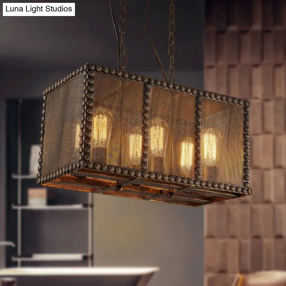 Antique Style 6-Light Rust Rectangle Chandelier With Mesh Screen And Rivets - Indoor Ceiling Fixture