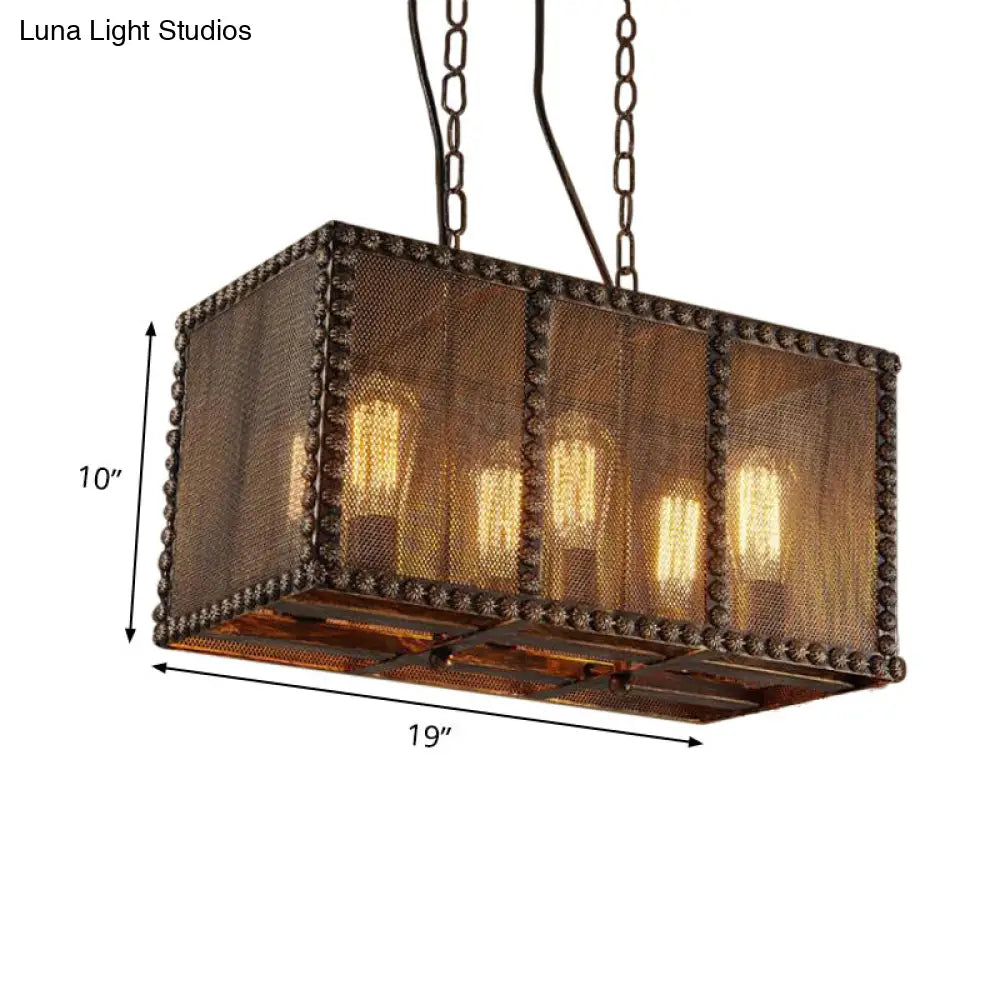 Antique Style 6-Light Rust Rectangle Chandelier With Mesh Screen And Rivets - Indoor Ceiling Fixture