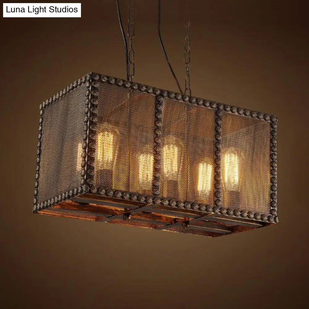 Antique Style 6-Light Rust Rectangle Chandelier With Mesh Screen And Rivets - Indoor Ceiling Fixture