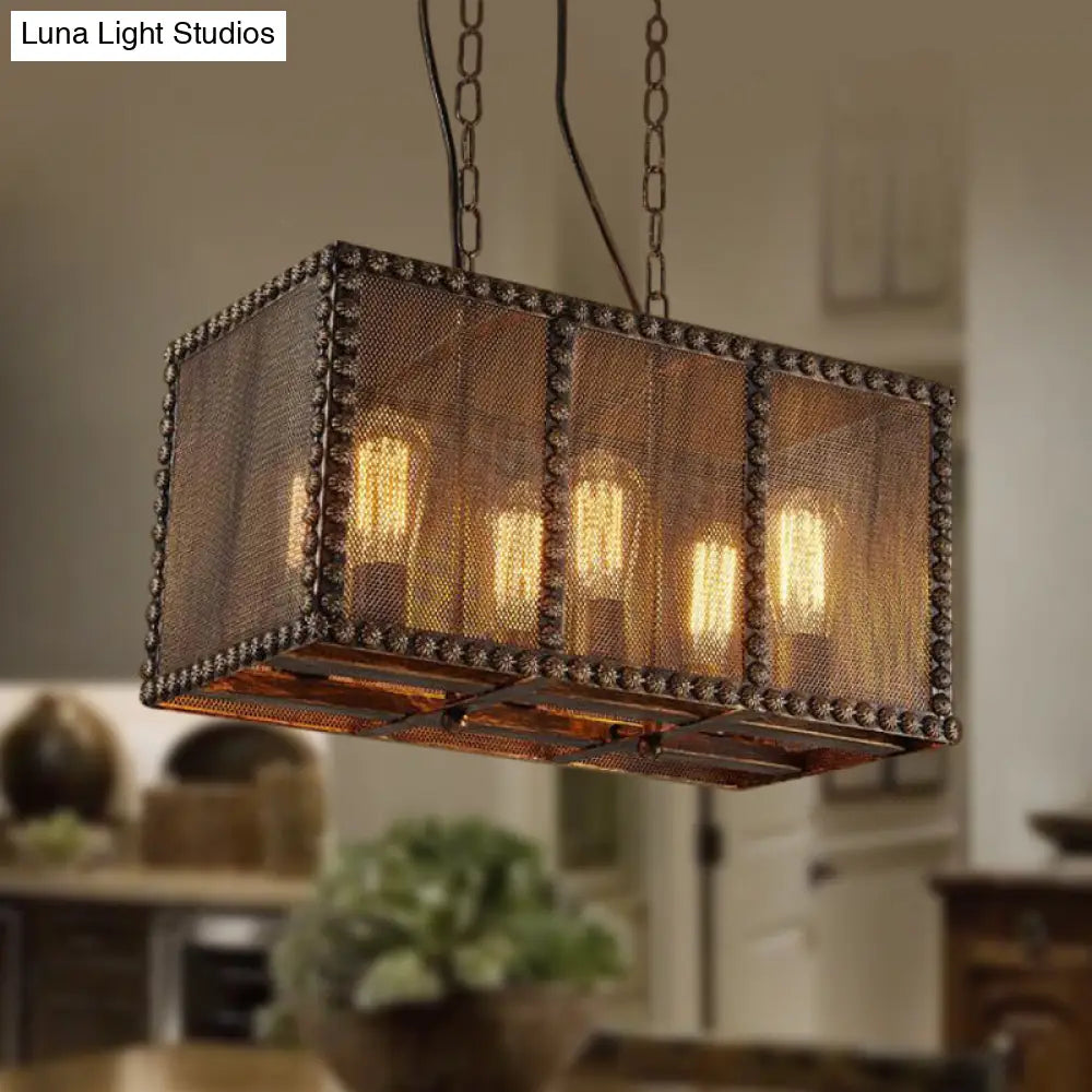 Antique Style 6-Light Rust Rectangle Chandelier With Mesh Screen And Rivets - Indoor Ceiling Fixture