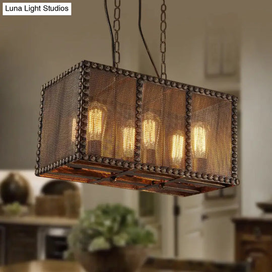 Antique Style 6-Light Rust Rectangle Chandelier With Mesh Screen And Rivets - Indoor Ceiling Fixture