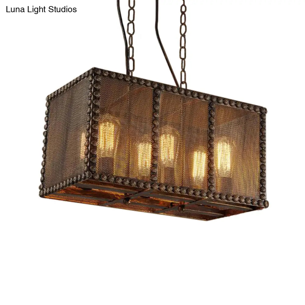 Antique Style 6-Light Rust Rectangle Chandelier With Mesh Screen And Rivets - Indoor Ceiling Fixture