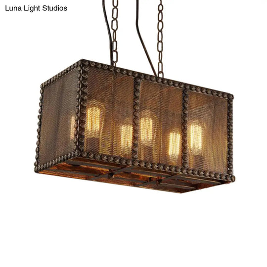 Antique Style 6-Light Rust Rectangle Chandelier With Mesh Screen And Rivets - Indoor Ceiling Fixture