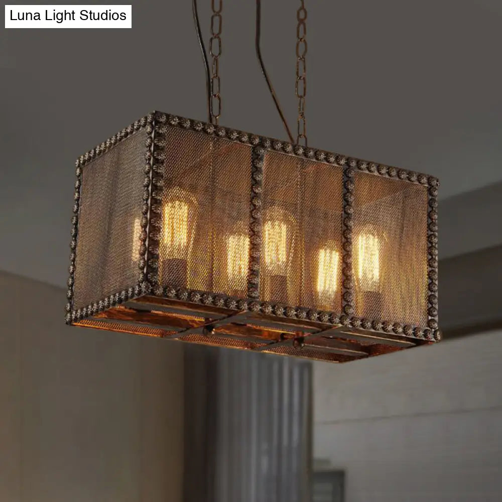 Antique Style 6-Light Rust Rectangle Chandelier With Mesh Screen And Rivets - Indoor Ceiling Fixture