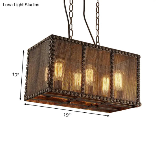 Antique Style Rectangle Cage Metal Chandelier: Rustic 6-Light Ceiling Fixture With Mesh Screen And