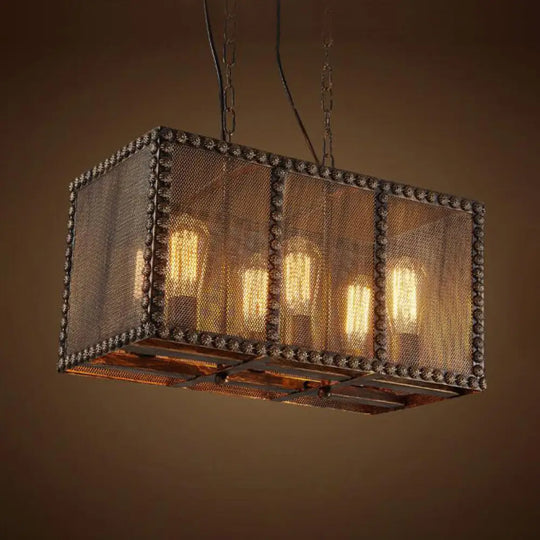 Antique Style Rectangle Cage Metal Chandelier: Rustic 6-Light Ceiling Fixture With Mesh Screen And